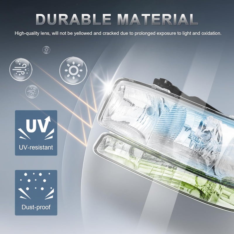 KUIPERAUTO Headlight Assembly Front Lamp Compatible with 1999-2006 GMC Sierra 1500 2500, 2000-2006 GMC Yukon Headlamp w/Bulb Chrome Housing/Clear Lens/Clear Corner - Image 3